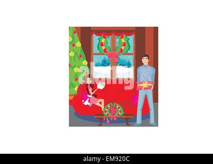 Girl surprenant un garçon avec un cadeau dans la nuit de Noël Illustration de Vecteur