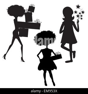 Ensemble de trois silhouettes filles at Birthday party isolé sur whi Illustration de Vecteur