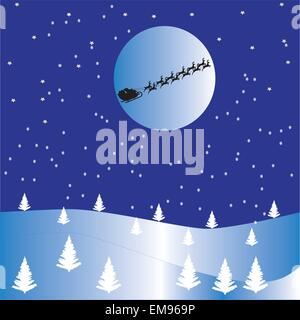 Un vecteur illustration d'une scène de Noël avec étoile de neige, chute de neige, les arbres de Noël et de Santas sleigh battant devant la lune Illustration de Vecteur