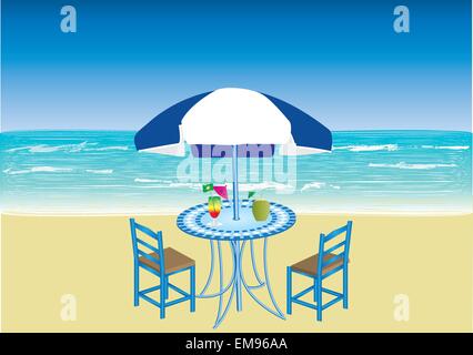 Un vecteur illustration d'une scène de plage d'été avec table, parasol, chaises et des cocktails avec un fond bleu ciel et mer Illustration de Vecteur