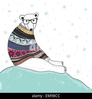 Carte de Noël avec mignon hipster ours polaire. Ours avec fair isle chandail de style. Illustration de Vecteur