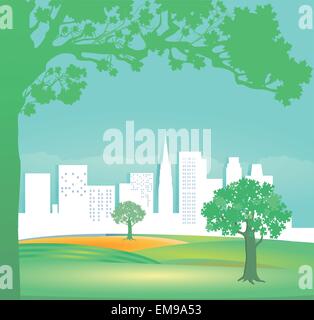 Paysage vert avec maisons et arbres Illustration de Vecteur