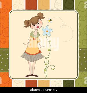 Petite jeune femme qui sent une fleur Illustration de Vecteur