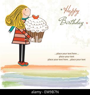 Joyeux anniversaire avec carte fille et cup cake Illustration de Vecteur