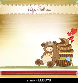 Carte de souhaits d'anniversaire avec ours et cupcake Illustration de Vecteur