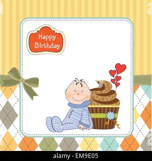 Carte de souhaits d'anniversaire avec un petit bébé et cupcake Illustration de Vecteur