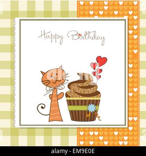 Carte de souhaits d'anniversaire avec chat et cupcake Illustration de Vecteur
