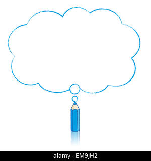 Crayon bleu avec dessin en forme de nuage moelleux réflexion pense que bulle sur fond blanc Banque D'Images