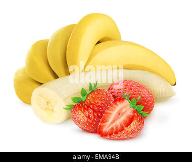 Fraises et bananes sur fond blanc Banque D'Images