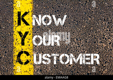 Acronyme d'affaires - KYC Connaître votre client. Ligne de peinture jaune sur la route à l'arrière-plan d'asphalte. Conceptual image Banque D'Images