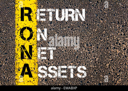 Acronyme d'affaires RONA - Retour sur l'actif net. Ligne de peinture jaune sur la route à l'arrière-plan d'asphalte. Conceptual image Banque D'Images