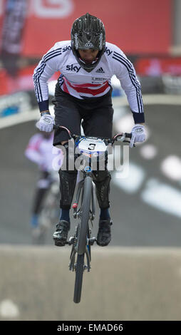 Manchester, UK. 18 avril, 2015. Supercross BMX UCI Coupe du monde. Le premier jour. Tre Whyte (GBR) (2014), médaillé de bronze du Championnat du monde pendant la session pratique Hommes Elite. Credit : Action Plus Sport Images/Alamy Live News Banque D'Images
