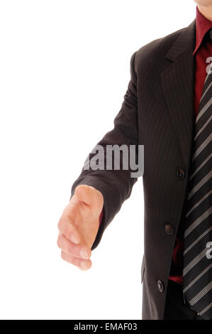 Gros plan d'une photo d'une main d'homme, tendue, quelqu'un d'isolé sur fond blanc. Banque D'Images