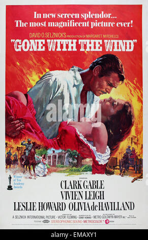 Vieux film affiche de 'Autant en emporte le vent" un roman historique épique américain 1939 film réalisé par Victor Fleming avec Vivien Leigh et Clark Gable. Banque D'Images