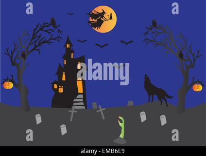 Un vectorof Halloween une scène avec une maison hantée, sorcière sur balai avec cat, chauves-souris, le loup hurlant, citrouilles, cimetière, main fantomatique Illustration de Vecteur