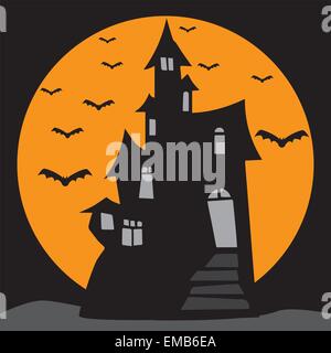 Un vecteur illustration d'une maison hantée en silhouette par une pleine lune orange avec les chauves-souris battant adapté à Halloween Art Illustration de Vecteur