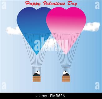 Un vecteur illustration d'une carte de Saint Valentin de deux pandas géants en bleu et rose Montgolfières Illustration de Vecteur
