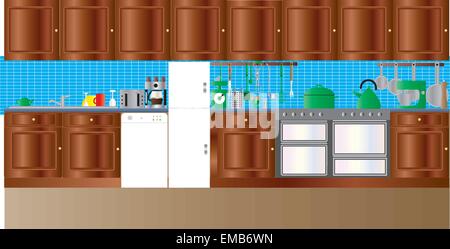 Un vecteur illustration d'une cuisine équipée avec évier, lave-vaisselle, congélateur, four et divers ustensiles de cuisine Illustration de Vecteur