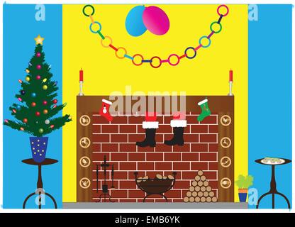 La descente du père Noël avec arbre de Noël, décorations, feu de bois, des bougies, des petits pâtés et des bas de Noël Illustration de Vecteur