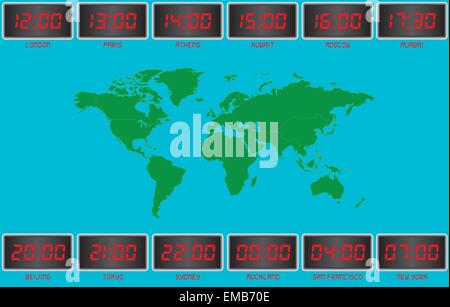 Une image d'un monde vecor Carte Temps horloges avec Londres, Paris, Athènes, le Koweït, Moscou, Mumbai, Shanghai, Tokyo, Sydney, Auckland, San Francisco Illustration de Vecteur