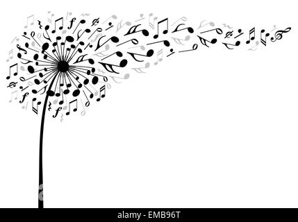 Pissenlit fleur musicale avec le vol des notes de musique, vector illustration Banque D'Images