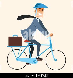 Smiling businessman d'aller travailler au bureau en vélo, porte-documents dans le coffre. Sport et travail Illustration de Vecteur