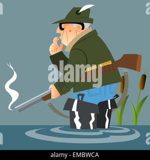 Le vieux chasseur l'eau dans de hautes bottes a gelé après le coup de feu Illustration de Vecteur