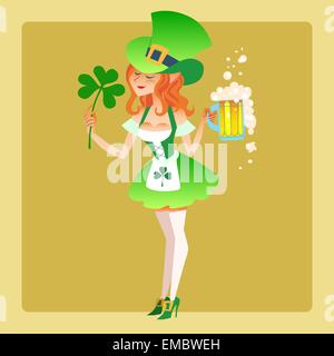 Elf fille costume vert St Patrick day avec une bière et des feuilles de la Shamrock Illustration de Vecteur