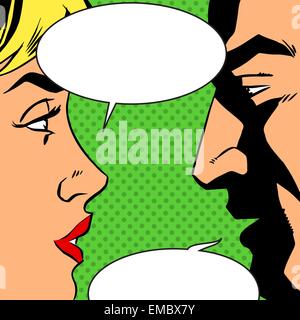 Man and Woman talking comics style rétro. Bulles de texte. Le thème de l'amour, les relations et la communication. Bitmap d'Imitation Illustration de Vecteur