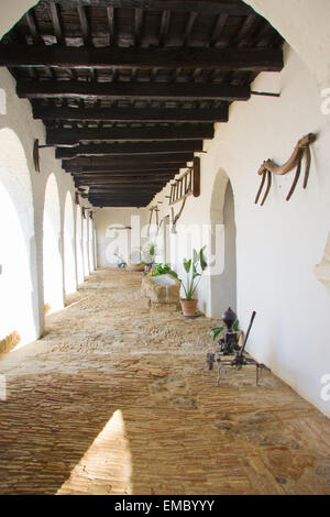 Vue verticale du porche d'une cour intérieure du palais de Medina Sidonia à Sanlucar de Barrameda. Banque D'Images