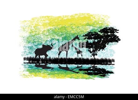 Safari en Afrique silhouette d'animaux sauvages reflet dans l'eau Illustration de Vecteur