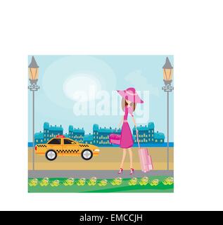 Femme élégante en attente d'un taxi Illustration de Vecteur