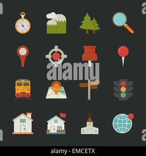 La carte et l'emplacement des icônes Icônes , modèle plat Illustration de Vecteur