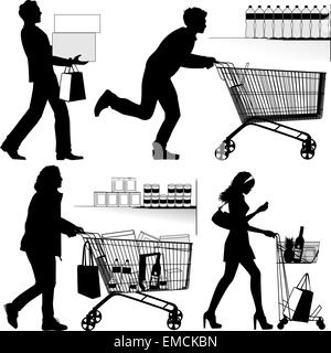 Plusieurs personnes, shopping - vector silhouettes Illustration de Vecteur