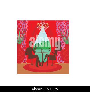 Jeune couple flirter et boire du champagne dans l'élégant restaurant Illustration de Vecteur