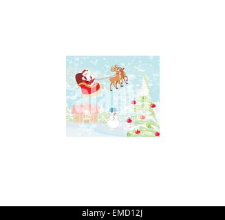 Santa Claus voler au-dessus de village Illustration de Vecteur