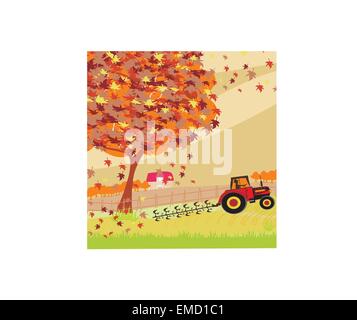 Champ de labour du tracteur à l'automne Illustration de Vecteur