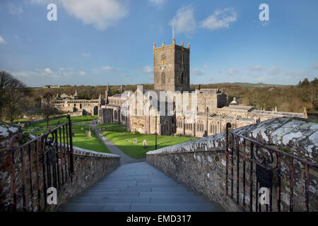 Vue de la cathédrale de St David's au bas de l'escalier qui mène à elle, Pembrokeshire, Pays de Galles Banque D'Images