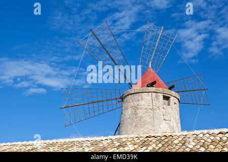 Ancien moulin à vent dans les étangs de sel de Trapani, Sicile, Italie Banque D'Images