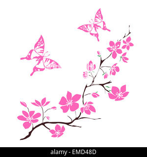 Sakura en fleurs et brindilles papillon rose. Vector illustration Banque D'Images