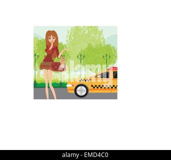 Femme élégante en attente d'un taxi Illustration de Vecteur