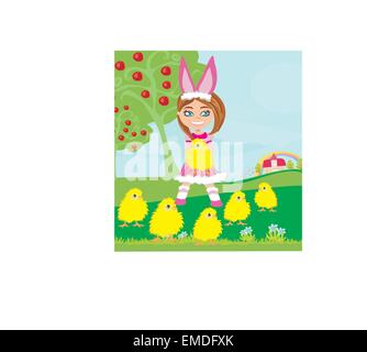 Fille en costume de lapin et doux petits poussins Illustration de Vecteur