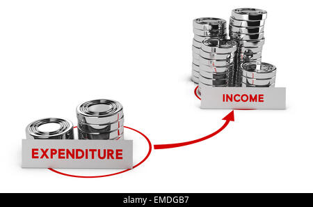 Pièces génériques sur fond blanc, des dépenses est plus faible que le revenu, symbole de profits commerciaux ou de la rentabilité. Banque D'Images