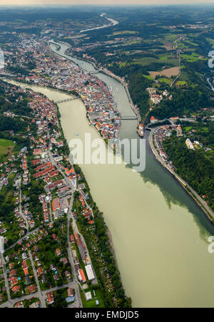 Centre historique de Passau, confluent des trois rivières, Danube, Inn et Ilz, Passau, Thuringe, Bavière, Allemagne Banque D'Images