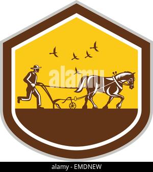 L'agriculteur et champ de Labour Shield Retro Illustration de Vecteur