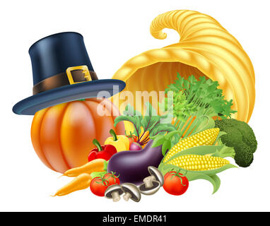 Thanksgiving Golden Horn of plenty cornucopia plein de légumes et de fruits avec une élaboration pèlerin ou puritan grâce hat Banque D'Images