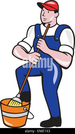 Janitor Cleaner Holding Seau Cartoon Illustration de Vecteur