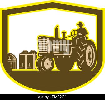 Agriculteur de la conduite du tracteur labourant bouclier ferme Retro Illustration de Vecteur