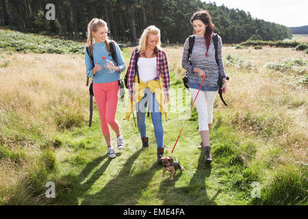 Groupe d'adolescentes en randonnée dans la campagne Avec chien Banque D'Images