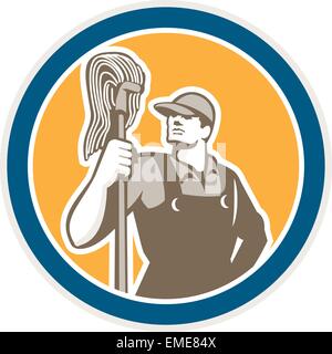 Janitor Cleaner Holding Mop Retro Circle Illustration de Vecteur